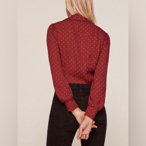 Reformation Dottie Red Polka Dot Tie Front Long Sleeve Cropped Blouse Crimson XS - Picture 6 of 10